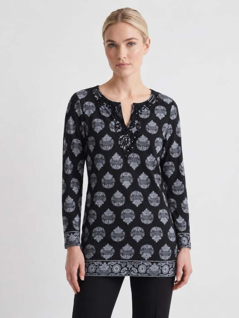 INC International Concepts Blouse Size M Black White Paisley Embellished Top